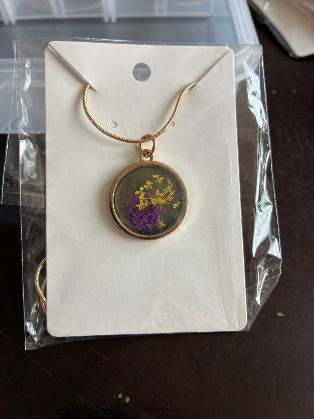 Gold Round Pendant Necklace with Purple and Yellow Floral Inlay